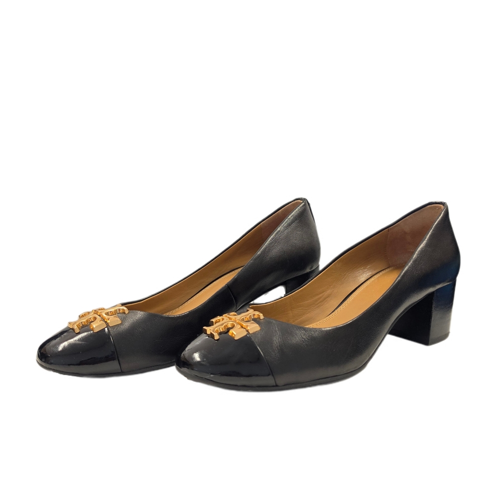 Black Leather Block Heel Pumps with Gold Accent